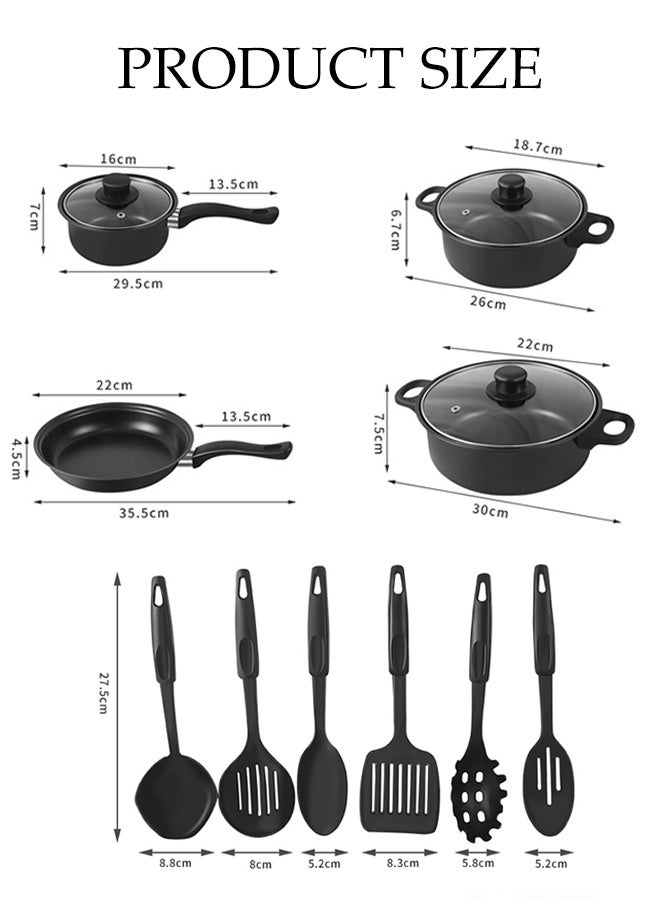 DUNISO مجموعة 13 قطعة من الأواني وملاعق القلي غير لاصقة مع غطاء، قدر شوربة ومقلاة ذات قاع مسطح مع مقبض مقاوم للحرارة قابل للفصل تشمل 4 أواني، 3 أغطية للأواني، و6 مجموعات ملاعق قلي - Image 4