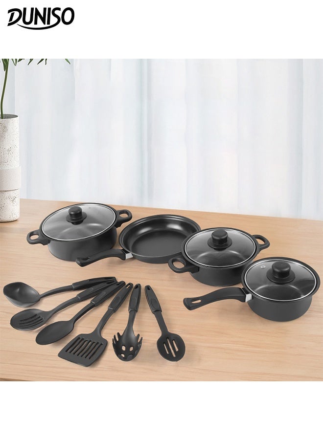 DUNISO مجموعة 13 قطعة من الأواني وملاعق القلي غير لاصقة مع غطاء، قدر شوربة ومقلاة ذات قاع مسطح مع مقبض مقاوم للحرارة قابل للفصل تشمل 4 أواني، 3 أغطية للأواني، و6 مجموعات ملاعق قلي - Image 1