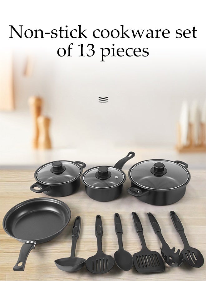 DUNISO مجموعة 13 قطعة من الأواني وملاعق القلي غير لاصقة مع غطاء، قدر شوربة ومقلاة ذات قاع مسطح مع مقبض مقاوم للحرارة قابل للفصل تشمل 4 أواني، 3 أغطية للأواني، و6 مجموعات ملاعق قلي - Image 3