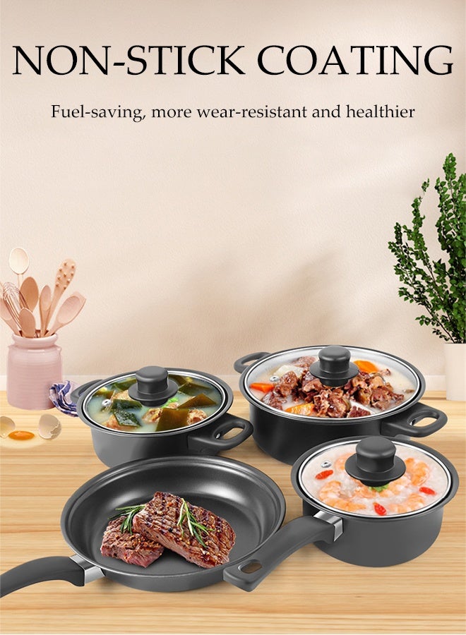 DUNISO مجموعة 13 قطعة من الأواني وملاعق القلي غير لاصقة مع غطاء، قدر شوربة ومقلاة ذات قاع مسطح مع مقبض مقاوم للحرارة قابل للفصل تشمل 4 أواني، 3 أغطية للأواني، و6 مجموعات ملاعق قلي - Image 2