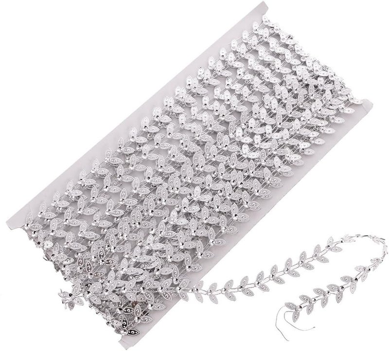 كلاراكو شريط فضي اللون مزين بأوراق كريستالية بطول 10 ياردات، على شكل سلسلة مرصعة بأحجار الراين، يُستخدم كزينة للخياطة. - Image 1