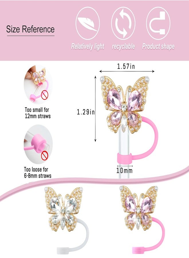 SEMATA 2PCS Cute Butterfly Straw Cover Cap for Stanley Cup Accessories,Bling Crystals Straw Toppers for Stanley Tumbler 40&30 oz,Rhinestone Reusable Straw Tips Protectors Compatible with 10mm Straws - Image 2