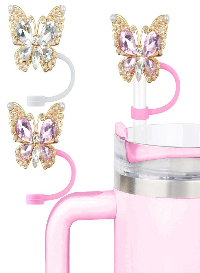 SEMATA 2PCS Cute Butterfly Straw Cover Cap for Stanley Cup Accessories,Bling Crystals Straw Toppers for Stanley Tumbler 40&30 oz,Rhinestone Reusable Straw Tips Protectors Compatible with 10mm Straws - Image 1