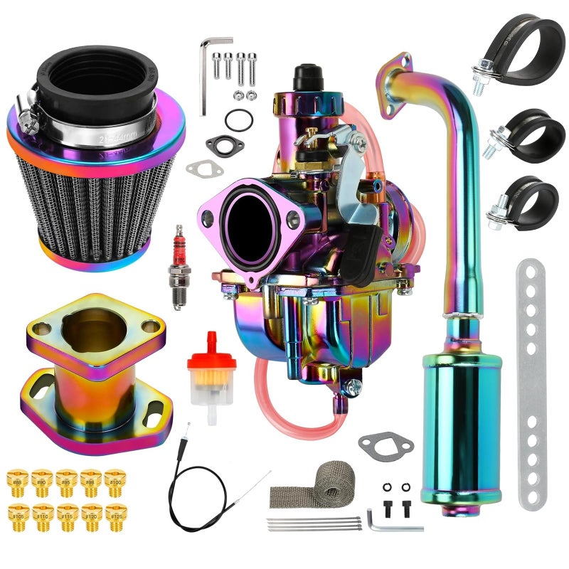 FVRITO VM22 Carburetor 212cc Exhaust Pipe Muffler for Predator 212 196cc Coleman CT200U CT200UEX BT200X Mini Bike KT196 Go Kart Baja MB200 GX160 GX200 Engine Performance Parts Stage 2 Kit Rainbow