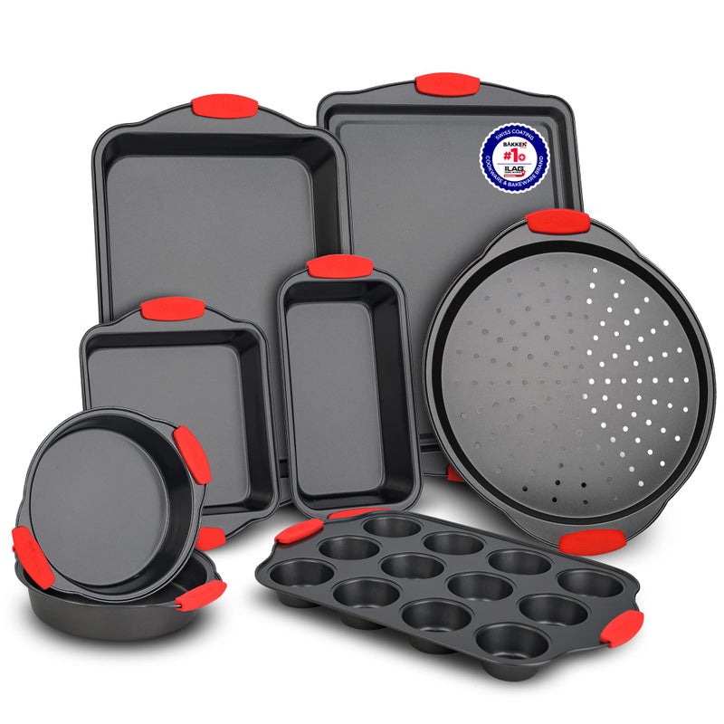 BAKKENMASTER Baking Set  8 Piece Kitchen Oven Bakeware Set  Deluxe NonStick Black Coating Inside and Outside  Carbon Steel  Red Silicone Handles  PFOA PFOS and PTFE Free by Bakken