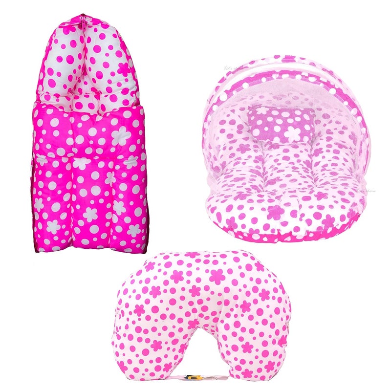 Kids Charm Clover 3 PCS Combo Set 3 in 1 Babys Cotton Bed Cum Carry Bed6 in 1 Babys Cotton Feeding Pillow2 in 1 Babys Cotton Bed with Mosquito Net for 48 Months Pink