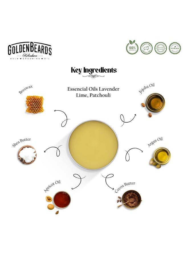GOLDEN BEARDS بلسم لحية عضوي - بيغ سور - 60 مل - 100% طبيعي | زيت الجوجوبا والأركان وزيت المشمش، الباتشولي، الليمون واللافندر، جميع منتجاتنا مصنوعة يدويًا 100%. - Image 3