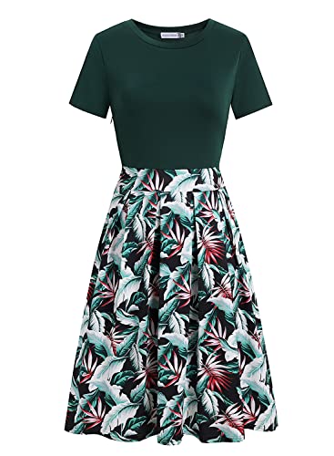 HELYO Women's Elegant Vintage Business Casual Floral Print Work Party A-Line Swing Dress with Pockets 838 Green Floral M - Image 3