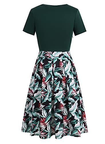 HELYO Women's Elegant Vintage Business Casual Floral Print Work Party A-Line Swing Dress with Pockets 838 Green Floral M - Image 4