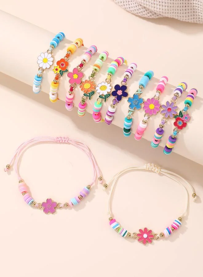 Pack of 12 - Multi-Color Floral Charm Beaded Bracelets