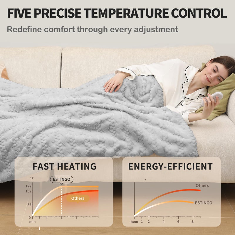 ESTINGO Heated Blanket Throw, 50"x60" Faux Fur Heated Blanket with 6 Heat Settings, Fast Heating Electric Blanket with 1-4 Hours Auto-Off & Overheat Protection, Machine Washable, Ash Gray - Image 5