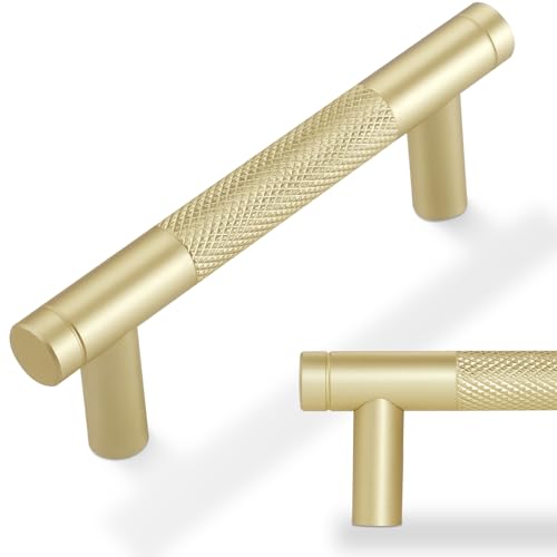 POVEFONK 10 Pack 3 inch76mm Brushed Brass Kitchen Cabinet Handles Knurled Cabinet Pulls Gold Drawer Pulls Kitchen Hardware - Image 1