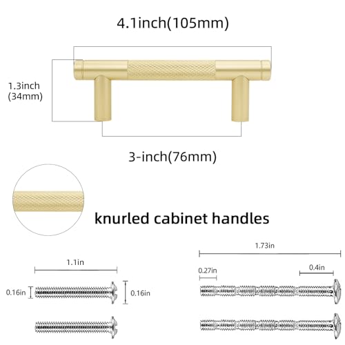 POVEFONK 10 Pack 3 inch76mm Brushed Brass Kitchen Cabinet Handles Knurled Cabinet Pulls Gold Drawer Pulls Kitchen Hardware - Image 3