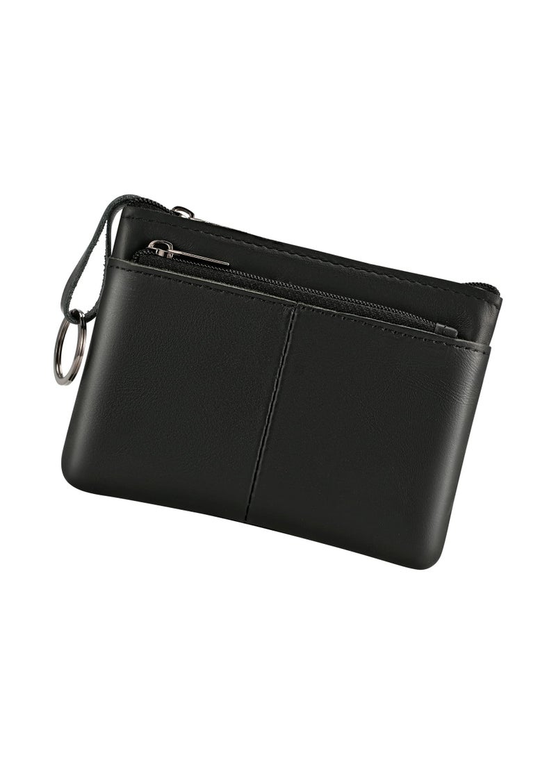 SYOSI Leather Coin Pouch, Triple Zipper Wallet with Key Ring Attachment Compact Coin Purse Minimalist Key Wallet Pocket-sized Card Holder Functional Keyring Wallet Versatile Leather Pouch for Unisex(Black) - Image 1