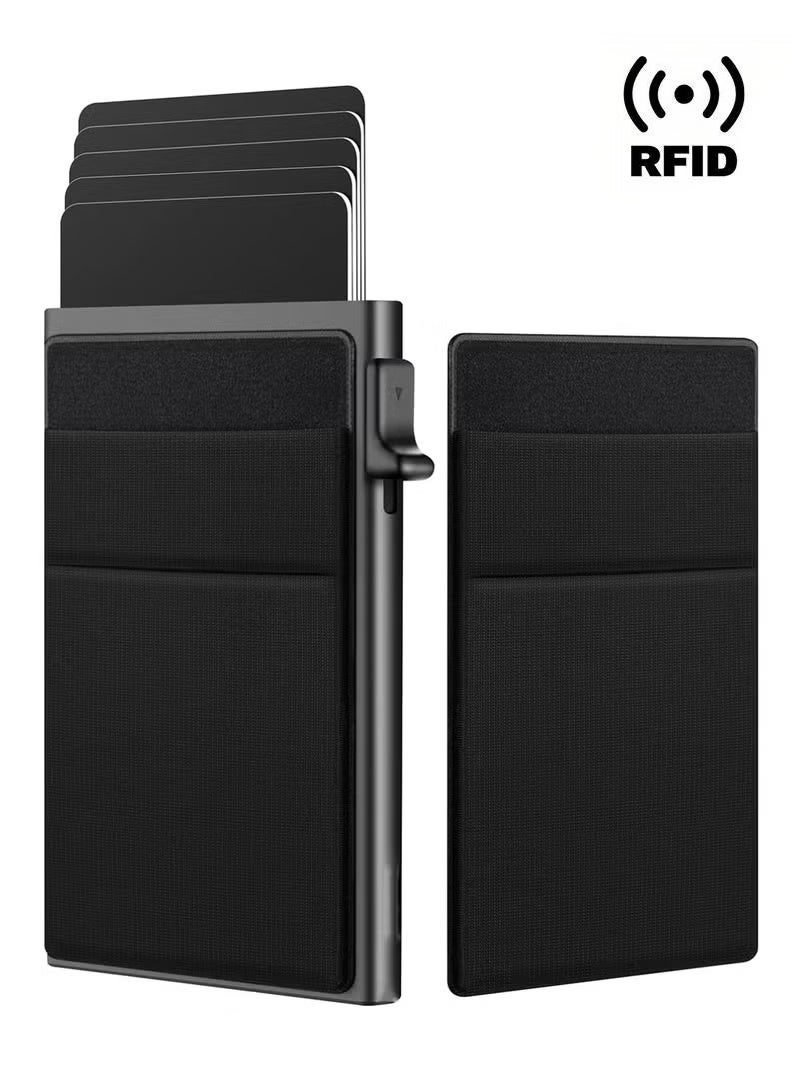 Arabash Card Holder Wallet, Simple RFID Blocking Aluminum Alloy Credit Card Holder with Money Bag Aluminum Metal Bank Card Case Black Design for Airtag Cash Coins & Credit Cards - Image 1