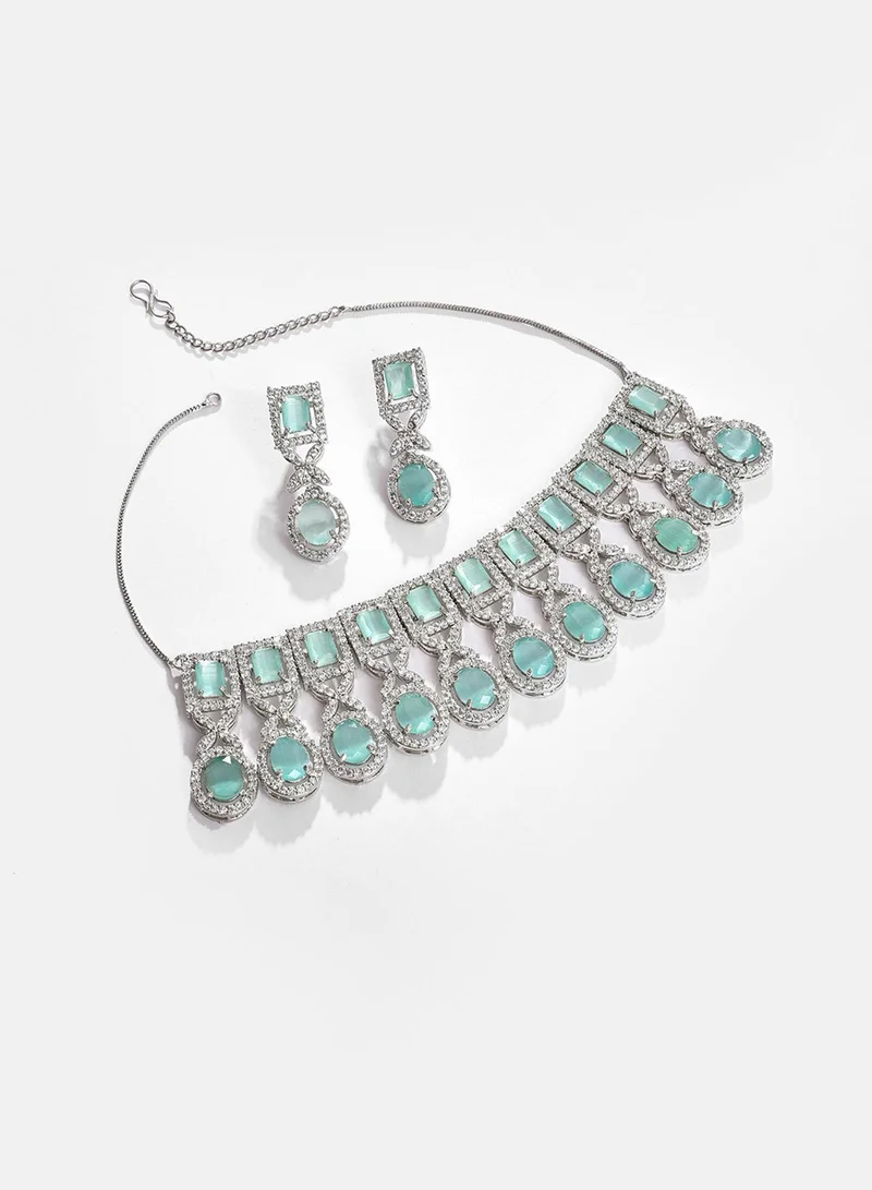 سوهي طقم قلادة وأقراط من الحجر المطلي بالفضة