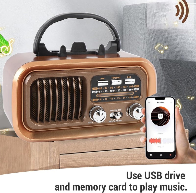 راديو بلوتوث رجعي، تصميم خشب عتيق، FM/AM/SW، USB/بطاقة ذاكرة، نحاسي - Primo Plus MK-628BTS - Image 3