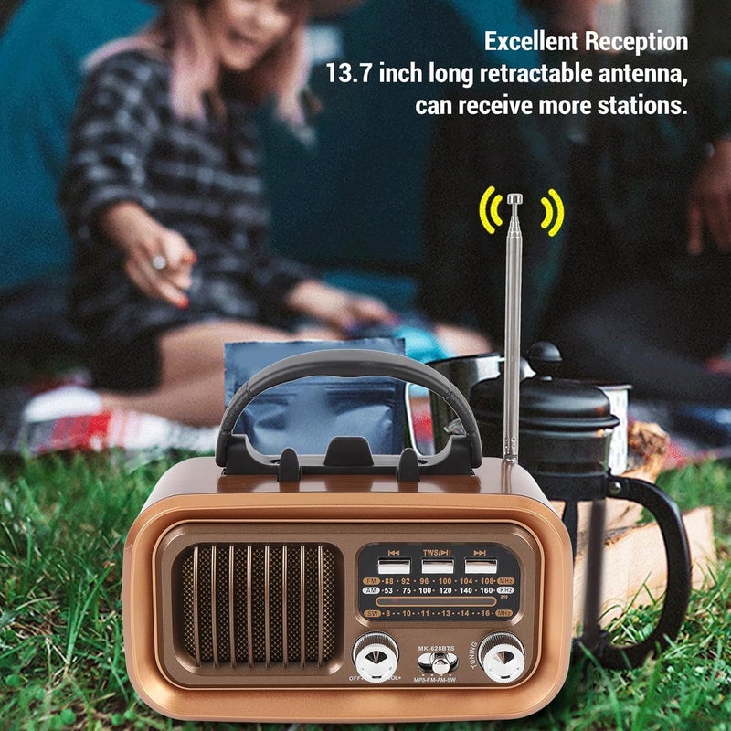 راديو بلوتوث رجعي، تصميم خشب عتيق، FM/AM/SW، USB/بطاقة ذاكرة، نحاسي - Primo Plus MK-628BTS - Image 5