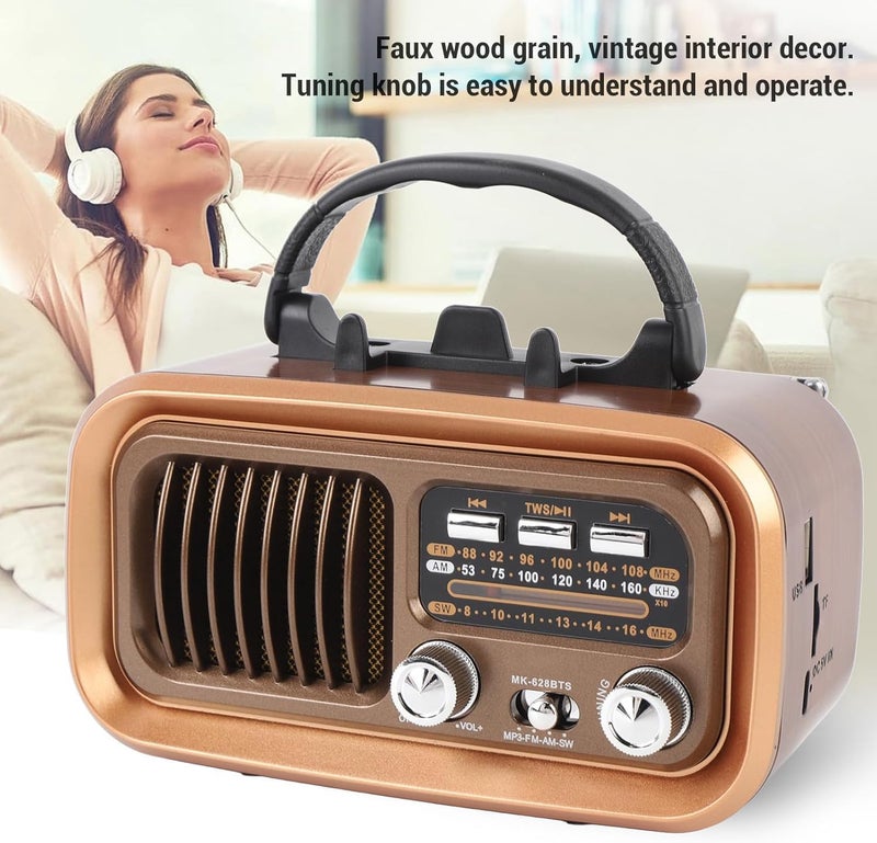 راديو بلوتوث رجعي، تصميم خشب عتيق، FM/AM/SW، USB/بطاقة ذاكرة، نحاسي - Primo Plus MK-628BTS - Image 2
