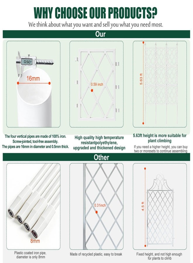 WellSign 5.25FT Trellis for Climbing Plants Outdoor, Garden Wall White Trellis with Ties, Plastic Coated Metal Pipe Support Tall Plant Fence for Ivy Vines Rose Flower - Image 2