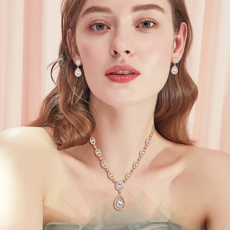 GULICX Jewelry Set for Womens, Rose Gold Plated Teardrop Rhinestone Wedding Bridesmaid Prom Jewelry Set Pendant Necklace Drop Dangle Earrings Set for Brides - Image 5
