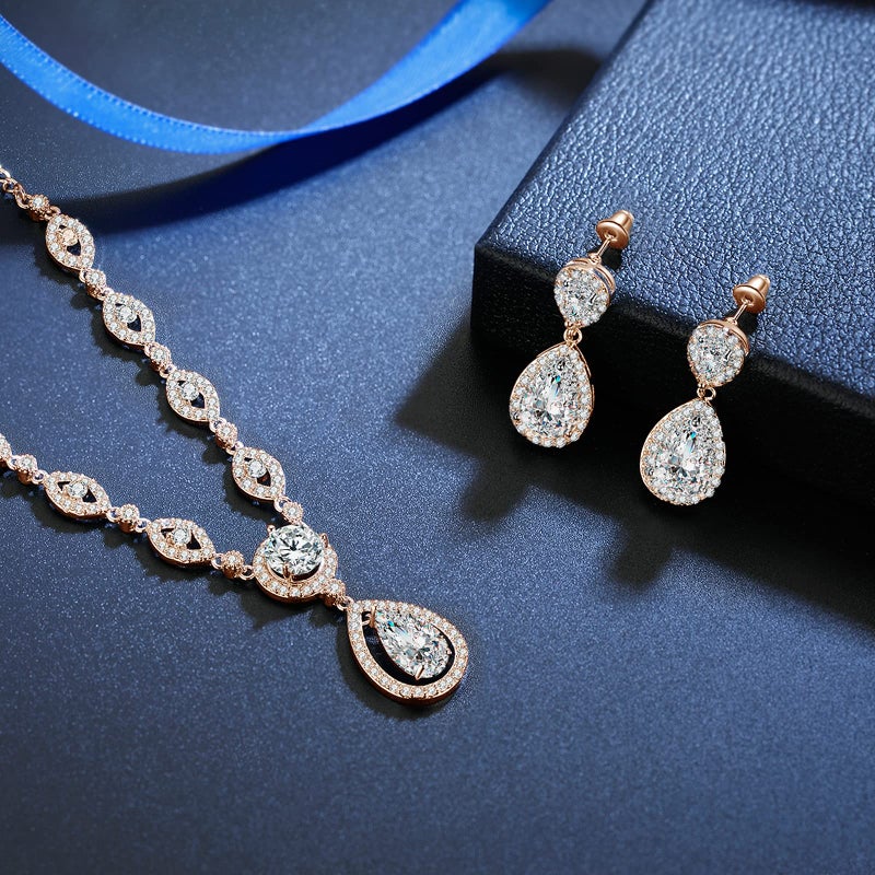 GULICX Jewelry Set for Womens, Rose Gold Plated Teardrop Rhinestone Wedding Bridesmaid Prom Jewelry Set Pendant Necklace Drop Dangle Earrings Set for Brides - Image 3