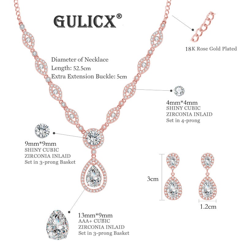 GULICX Jewelry Set for Womens, Rose Gold Plated Teardrop Rhinestone Wedding Bridesmaid Prom Jewelry Set Pendant Necklace Drop Dangle Earrings Set for Brides - Image 2