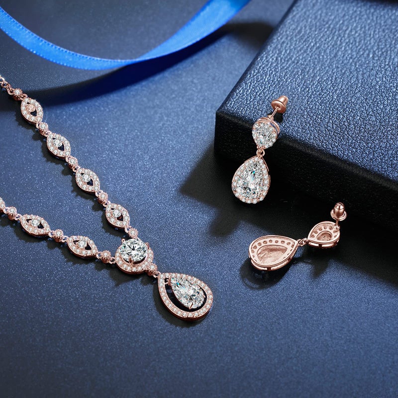 GULICX Jewelry Set for Womens, Rose Gold Plated Teardrop Rhinestone Wedding Bridesmaid Prom Jewelry Set Pendant Necklace Drop Dangle Earrings Set for Brides - Image 4