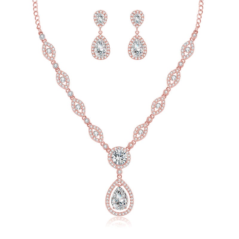 GULICX Jewelry Set for Womens, Rose Gold Plated Teardrop Rhinestone Wedding Bridesmaid Prom Jewelry Set Pendant Necklace Drop Dangle Earrings Set for Brides - Image 1