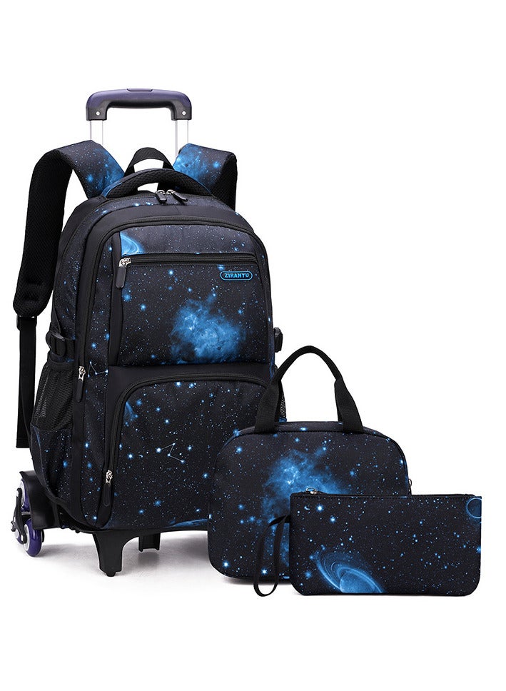 عالية الجودة حقيبة ظهر بعجلات للأولاد، حقيبة ظهر مدرسية بعجلات للأولاد، حقيبة كتب بعجلات من سبيس-جالكسي مع حقيبة غداء، 6 عجلات، مجموعة من 3 قطع، لون أزرق - Image 1
