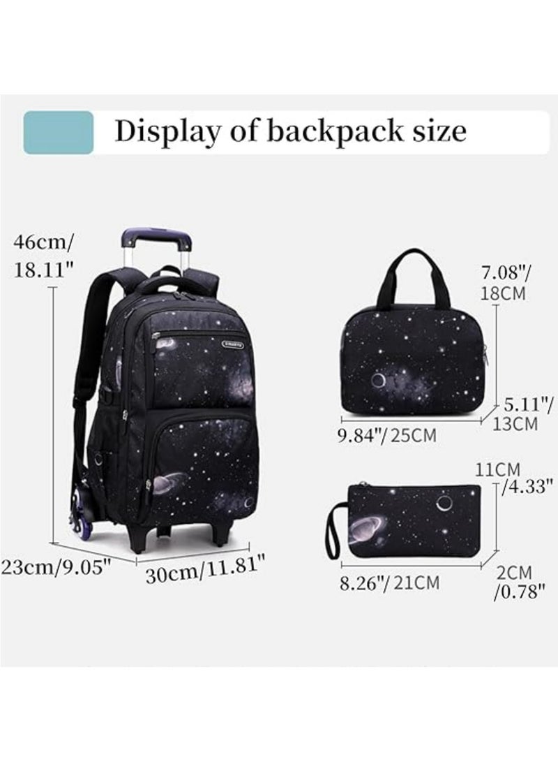 عالية الجودة حقيبة ظهر بعجلات للأولاد، حقيبة ظهر مدرسية بعجلات للأولاد، حقيبة كتب بعجلات من سبيس-جالكسي مع حقيبة غداء، 6 عجلات، مجموعة من 3 قطع، لون أزرق - Image 2