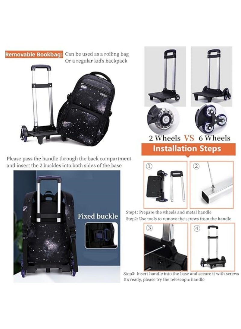 عالية الجودة حقيبة ظهر بعجلات للأولاد، حقيبة ظهر مدرسية بعجلات للأولاد، حقيبة كتب بعجلات من سبيس-جالكسي مع حقيبة غداء، 6 عجلات، مجموعة من 3 قطع، لون أزرق - Image 3