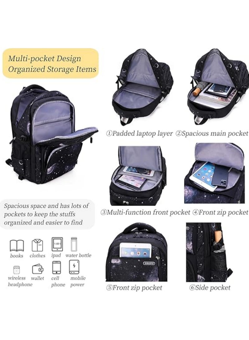 عالية الجودة حقيبة ظهر بعجلات للأولاد، حقيبة ظهر مدرسية بعجلات للأولاد، حقيبة كتب بعجلات من سبيس-جالكسي مع حقيبة غداء، 6 عجلات، مجموعة من 3 قطع، لون أزرق - Image 4