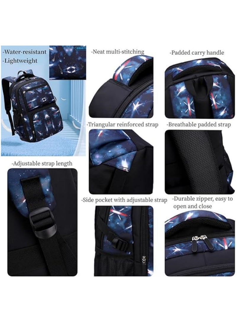 عالية الجودة حقيبة ظهر بعجلات للأولاد، حقيبة ظهر مدرسية بعجلات للأولاد، حقيبة كتب بعجلات من سبيس-جالكسي مع حقيبة غداء، 6 عجلات، مجموعة من 3 قطع، لون أزرق - Image 5