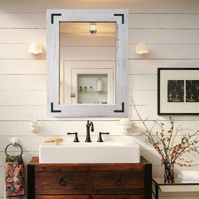 RUSTIC WOODEN FRAMED WALL MIRROR NATURAL WOOD BATHROOM VANITY MIRROR FOR FARMHOUSE DECOR VERTICAL OR HORIZONTAL HANGING 32 X 24WHITE GREY