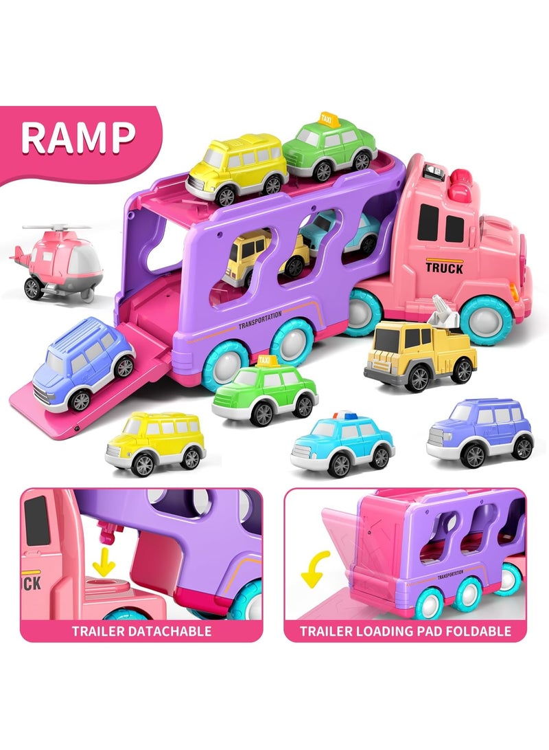 Car Truck Toys for 1 2 3 4 5 Year Old Girls Toddlers, 7-in-1 Carrier Truck Toddler Girl Toys, Friction Power Toy Cars with Light  Sound, 1 2 3 4 5 Year Old Girls Birthday Toys - Image 5