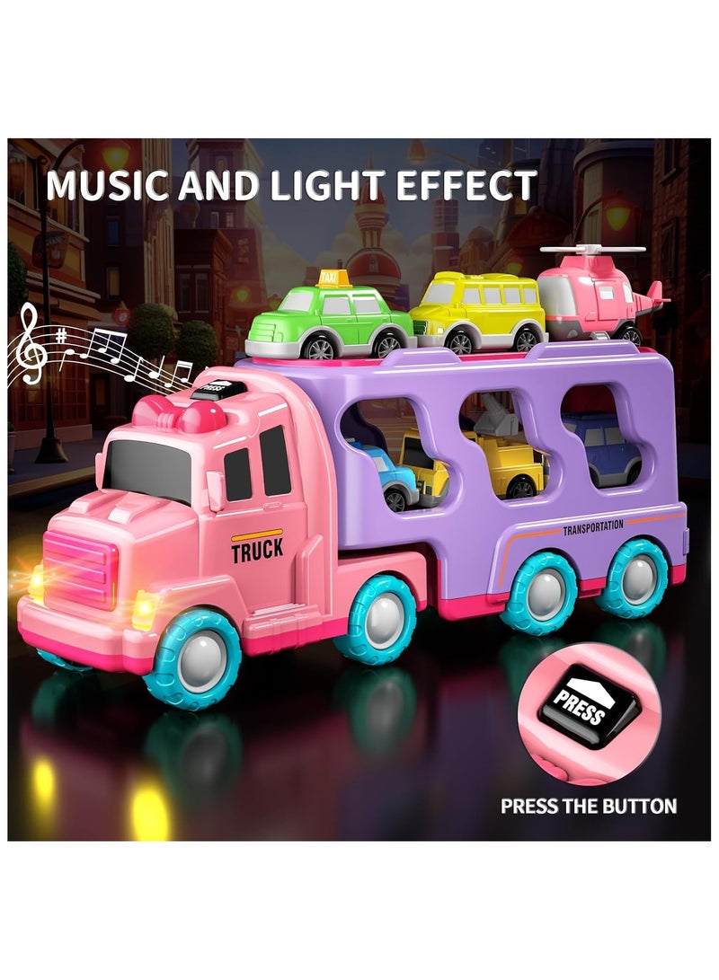 Car Truck Toys for 1 2 3 4 5 Year Old Girls Toddlers, 7-in-1 Carrier Truck Toddler Girl Toys, Friction Power Toy Cars with Light  Sound, 1 2 3 4 5 Year Old Girls Birthday Toys - Image 3