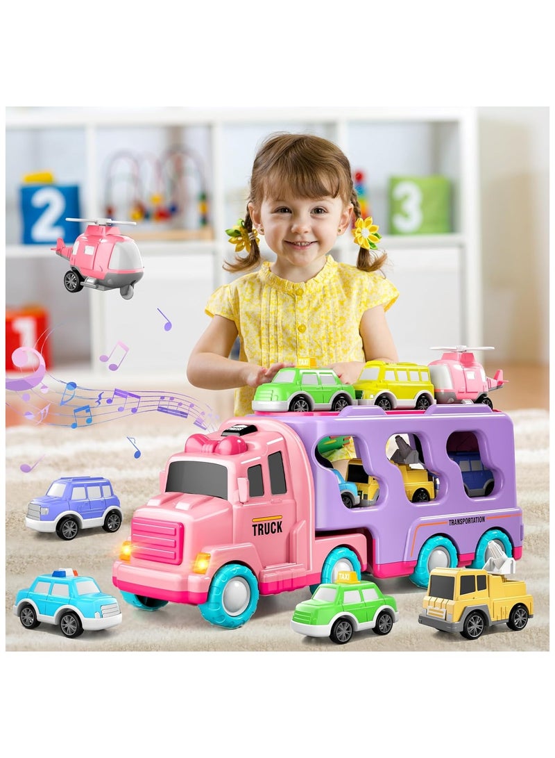 Car Truck Toys for 1 2 3 4 5 Year Old Girls Toddlers, 7-in-1 Carrier Truck Toddler Girl Toys, Friction Power Toy Cars with Light  Sound, 1 2 3 4 5 Year Old Girls Birthday Toys - Image 4