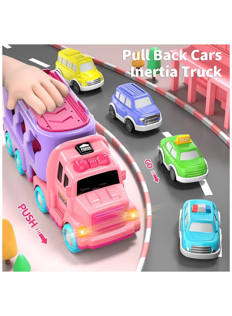 Car Truck Toys for 1 2 3 4 5 Year Old Girls Toddlers, 7-in-1 Carrier Truck Toddler Girl Toys, Friction Power Toy Cars with Light  Sound, 1 2 3 4 5 Year Old Girls Birthday Toys - Image 2