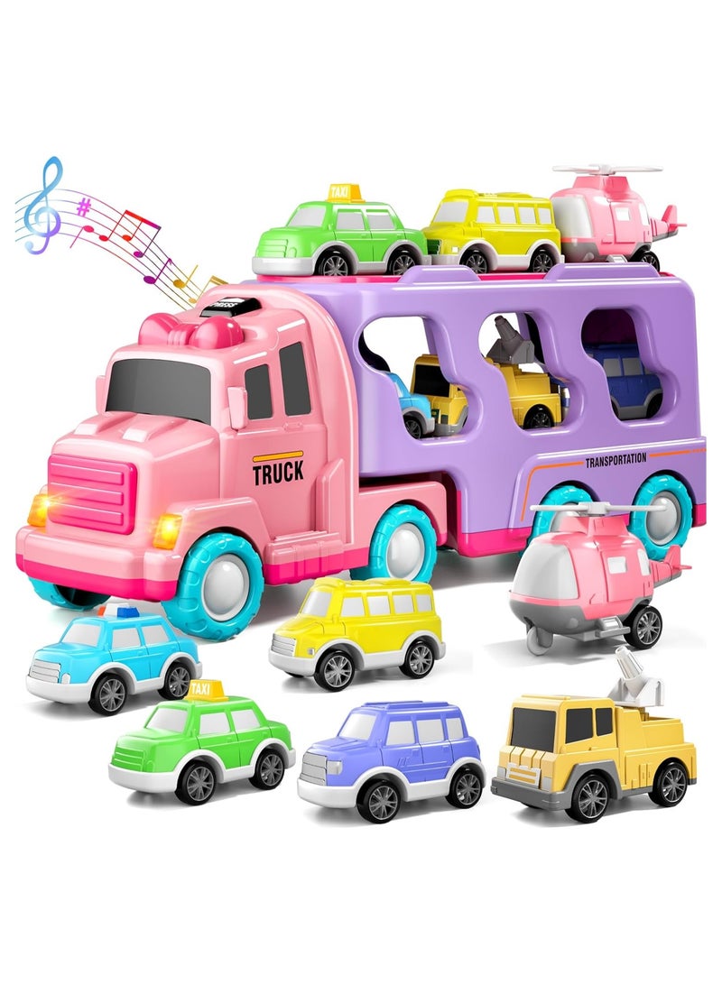 Car Truck Toys for 1 2 3 4 5 Year Old Girls Toddlers, 7-in-1 Carrier Truck Toddler Girl Toys, Friction Power Toy Cars with Light  Sound, 1 2 3 4 5 Year Old Girls Birthday Toys - Image 1