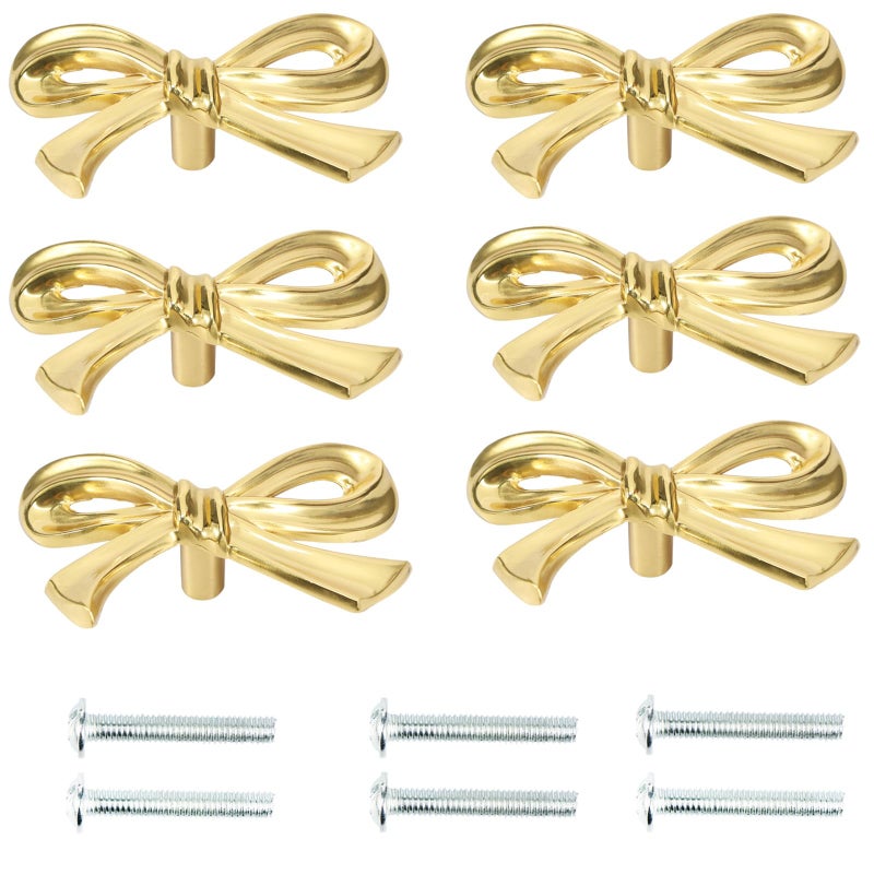 6 Pack Bow Drawer Knobs Gold Solid Brass Bow Cabinet Knobs Compact Gold Bow Dresser Pulls Handles Decorative Bow Cabinet Pulls Elegant Beautiful Bow Furniture Knobs for Hardware Cupboard Wardrobe