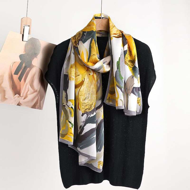 MEISEE 100% Mulberry Silk Long Scarf for Women Large Oblong Sunscreen Shawls Wraps Neck Headscarf Hair Wraps with Gift Packed (23-Yellow flowers) - Image 2