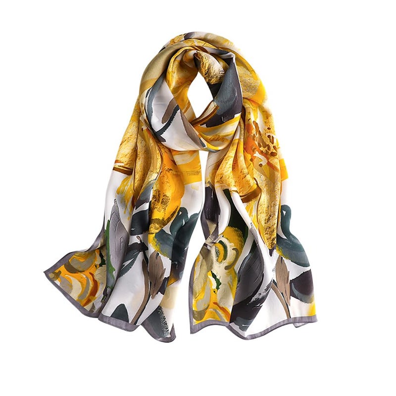 MEISEE 100% Mulberry Silk Long Scarf for Women Large Oblong Sunscreen Shawls Wraps Neck Headscarf Hair Wraps with Gift Packed (23-Yellow flowers) - Image 1