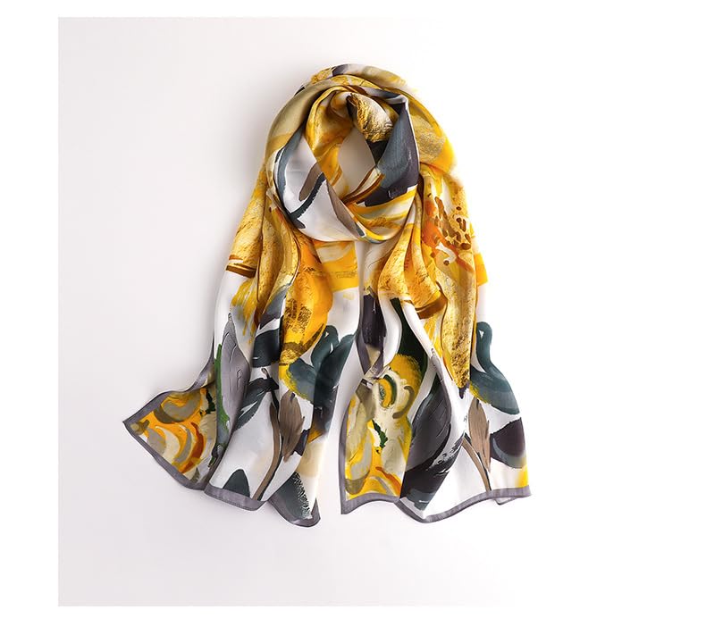 MEISEE 100% Mulberry Silk Long Scarf for Women Large Oblong Sunscreen Shawls Wraps Neck Headscarf Hair Wraps with Gift Packed (23-Yellow flowers) - Image 4