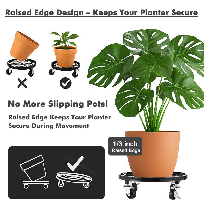 Planterhoma 4 Pack Plant Caddy with Wheels Heavy Duty 11/12/12.6/13.5 Inches Metal Plant Stand with Raised Edge Plant Dolly Rolling Plant Stand Plant Roller with Casters for Indoor and Outdoor - Image 2