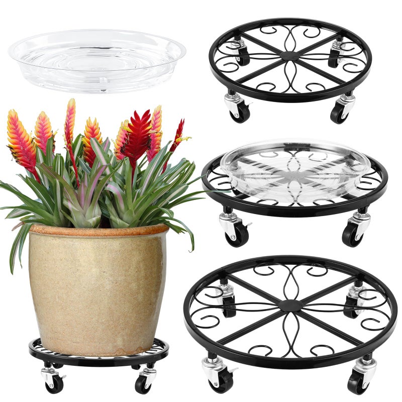 Planterhoma 4 Pack Plant Caddy with Wheels Heavy Duty 11/12/12.6/13.5 Inches Metal Plant Stand with Raised Edge Plant Dolly Rolling Plant Stand Plant Roller with Casters for Indoor and Outdoor - Image 1