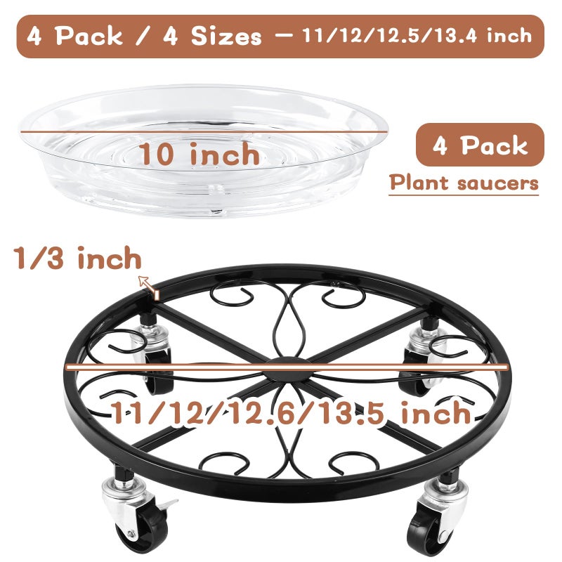 Planterhoma 4 Pack Plant Caddy with Wheels Heavy Duty 11/12/12.6/13.5 Inches Metal Plant Stand with Raised Edge Plant Dolly Rolling Plant Stand Plant Roller with Casters for Indoor and Outdoor - Image 5