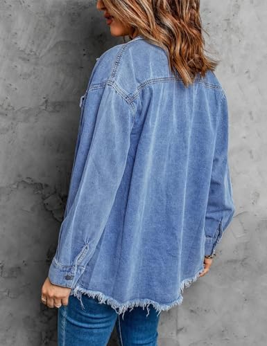 Vetinee Women's Western Jackets for Women Oversized Boyfriend Wave Blue Front Button Up Frayed Raw Hem Long Sleeve Pockets Denim Jean Jacket Shacket XXX-Large Size 24 Size 26 - Image 3