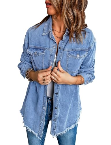 Vetinee Women's Western Jackets for Women Oversized Boyfriend Wave Blue Front Button Up Frayed Raw Hem Long Sleeve Pockets Denim Jean Jacket Shacket XXX-Large Size 24 Size 26 - Image 2