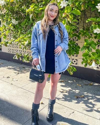 Vetinee Women's Western Jackets for Women Oversized Boyfriend Wave Blue Front Button Up Frayed Raw Hem Long Sleeve Pockets Denim Jean Jacket Shacket XXX-Large Size 24 Size 26 - Image 5